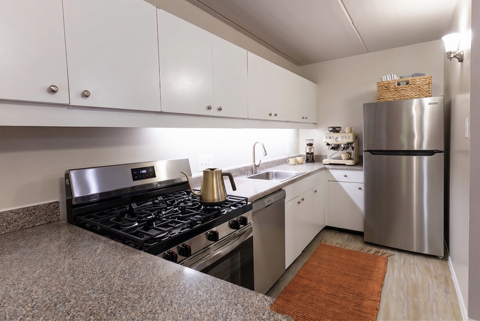 Modern kitchen with stainless steel appliances, sleek countertops, and ample cabinetry, perfect for culinary enthusiasts.