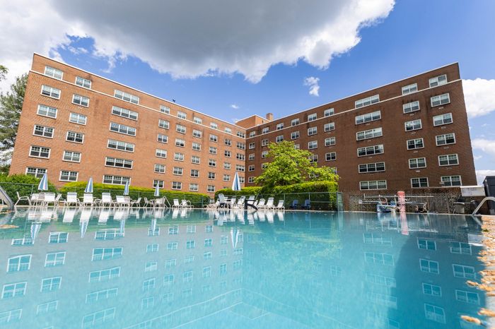 Inviting apartment complex with a sparkling outdoor pool, surrounded by comfortable lounge chairs and vibrant greenery.
