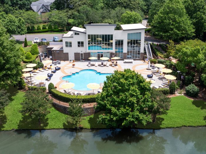 pool and lake drone shot