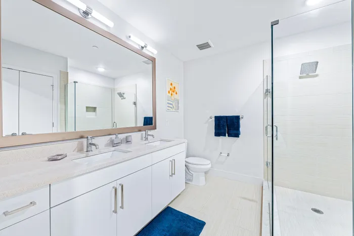 A modern bathroom at The DeSOTA with a double sink vanity, a large mirror, and a glass-enclosed walk-in shower.