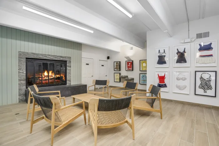 fireplace by indoor pool