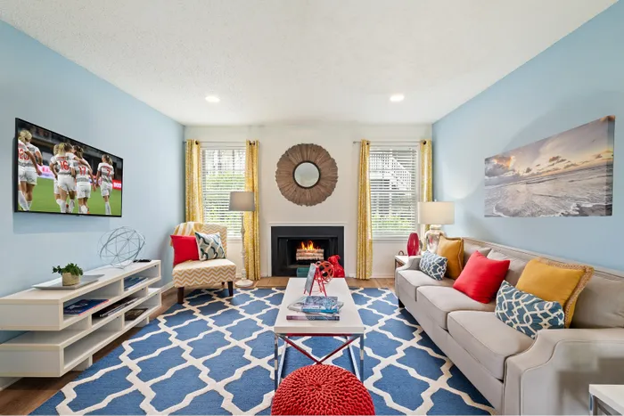 living room and fireplace