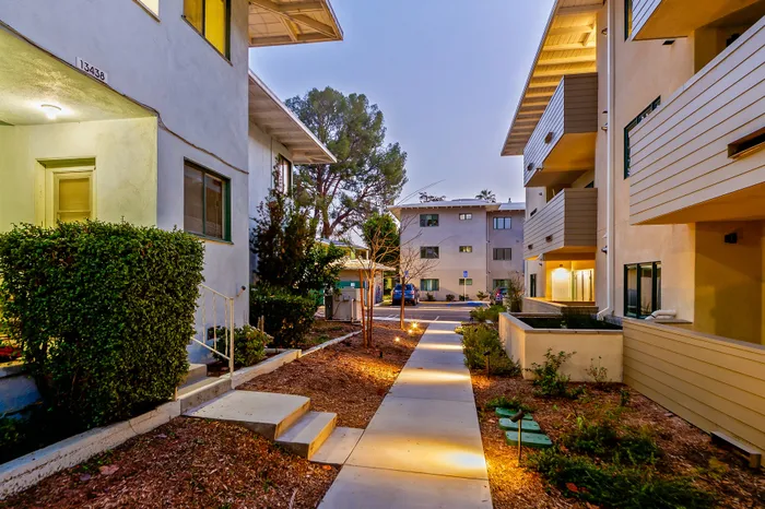 pathway and building with patios