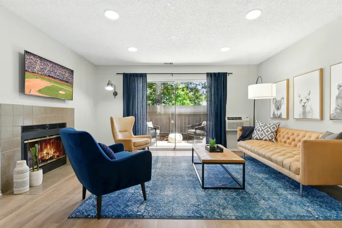 living room and fireplace