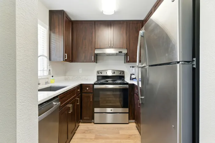 kitchen with brown cabinets