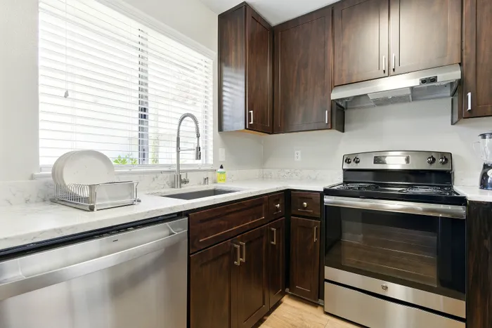 kitchen with brown cabinets