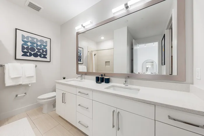 A modern bathroom in a The DeSOTA apartment with a double vanity, a large framed mirror, and a toilet with a towel rack.