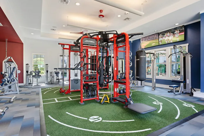 fitness center with red equipment