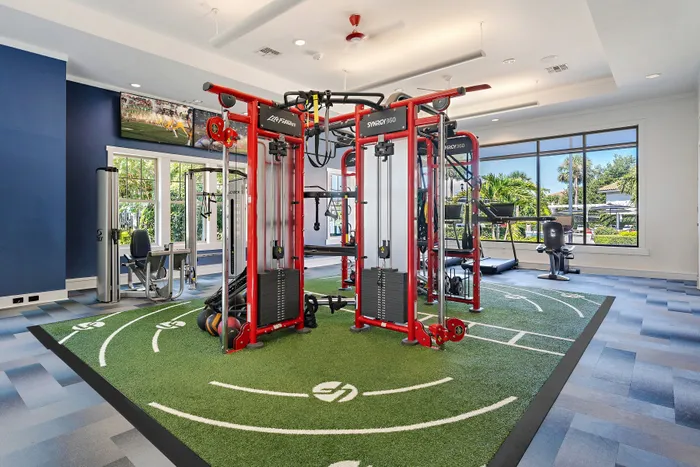 fitness center with red equipment