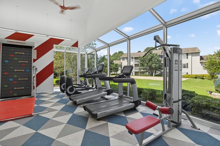 climbing wall and treadmills