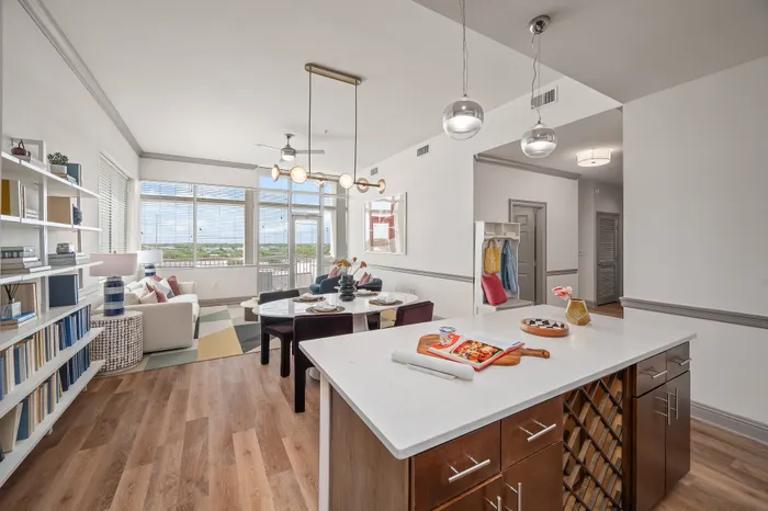 kitchen with living room in background