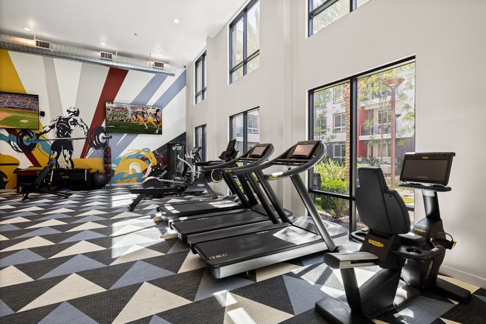 state of the art fitness center with colorful carpet