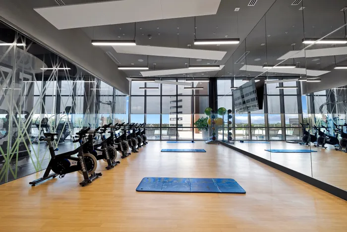 yoga room with mats at Motion at Dadeland