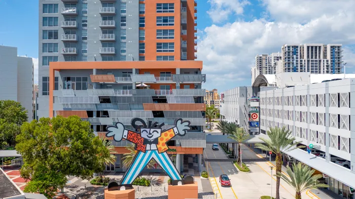building exterior with statue art