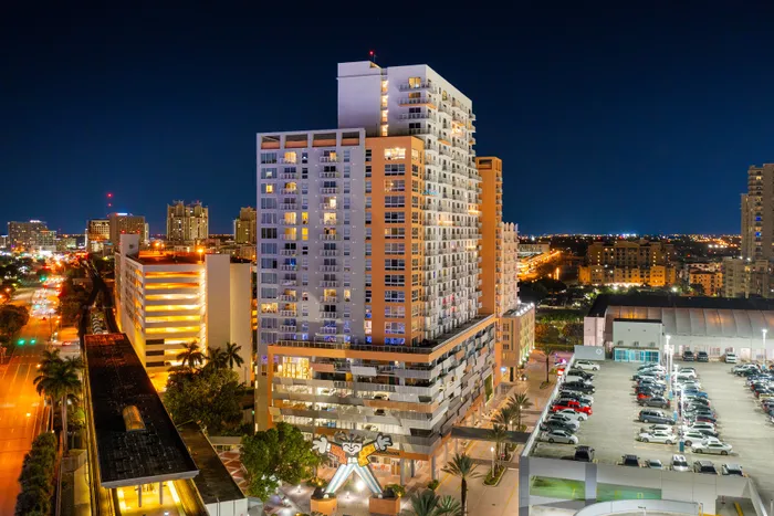 nighttime aerial of building exterior