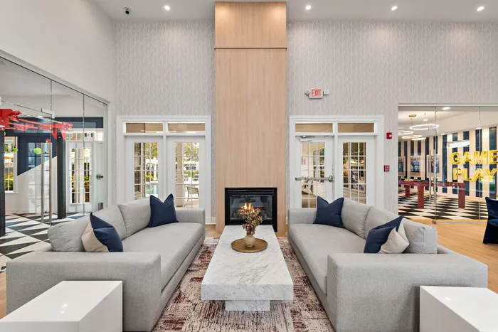 Woodbury Park lounge seating and fireplace