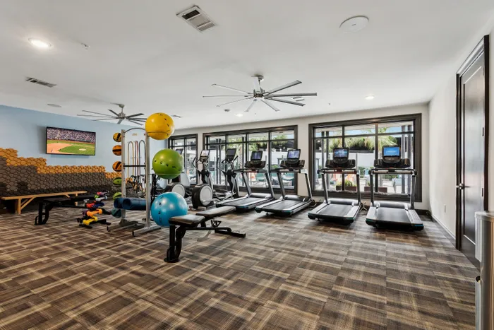Modern fitness center featuring multiple treadmills, exercise equipment, and vibrant decor with large windows for a bright, energizing workout environment.