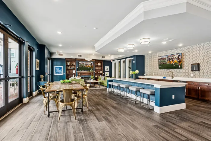 Chic communal living space with modern bar seating, cozy lounge area, and elegant dining table, perfect for entertaining and relaxation.