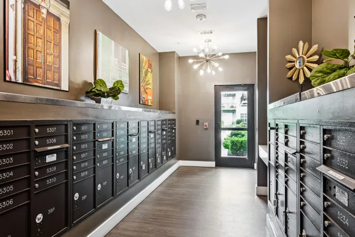 Contemporary apartment mailroom with sleek black mailboxes, vibrant artwork, stylish lighting, and lush greenery.