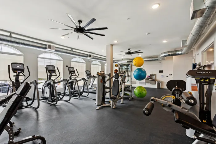 Modern fitness center with state-of-the-art gym equipment and vibrant exercise balls, perfect for an active lifestyle.