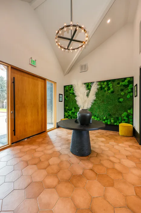 Modern entryway featuring elegant hexagonal terracotta tiles, a contemporary black vase on a stylish table, and a lush green vertical garden accent wall.