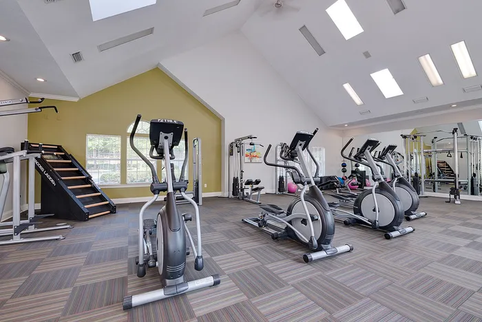 Spacious and modern gym featuring state-of-the-art cardio equipment with skylight ambiance and vibrant patterned flooring.