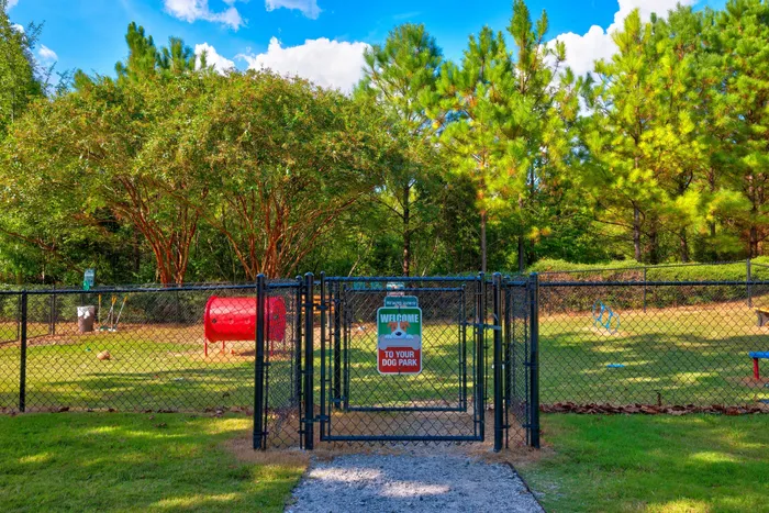 Vibrant dog park with lush greenery, play structures, and a welcoming entrance gate under a sunny, blue sky.