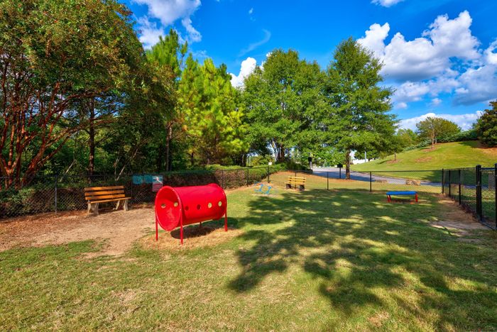 Charming pet-friendly park with lush greenery, vibrant red tunnel, and cozy benches, perfect for relaxation and outdoor enjoyment.