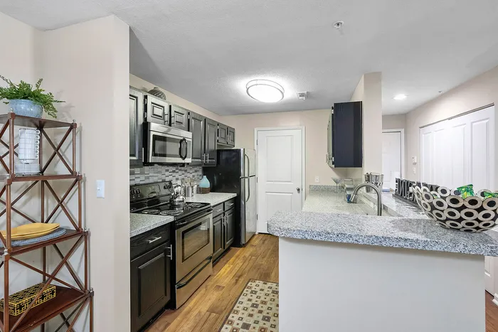 Contemporary kitchen with sleek dark cabinets, stainless steel appliances, and elegant granite countertops, perfect for culinary enthusiasts.