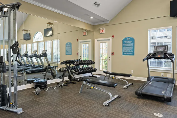 Bright and modern fitness center with top-tier equipment including treadmills, free weights, and benches, perfect for a comprehensive workout experience.