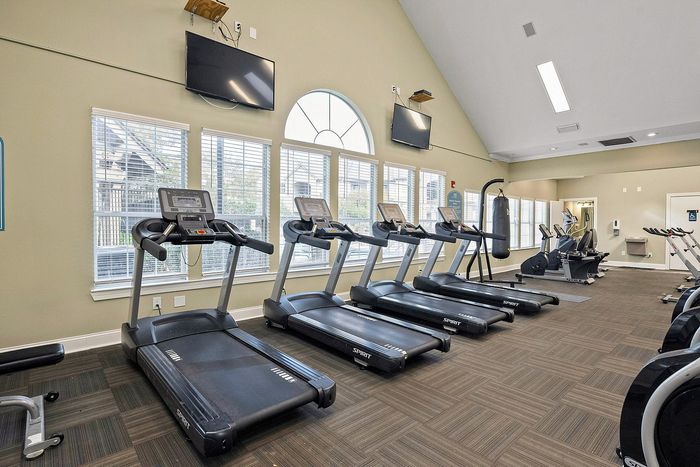 Bright and spacious fitness center with modern treadmills, exercise bikes, and punching bag under vaulted ceilings, ideal for active lifestyles.
