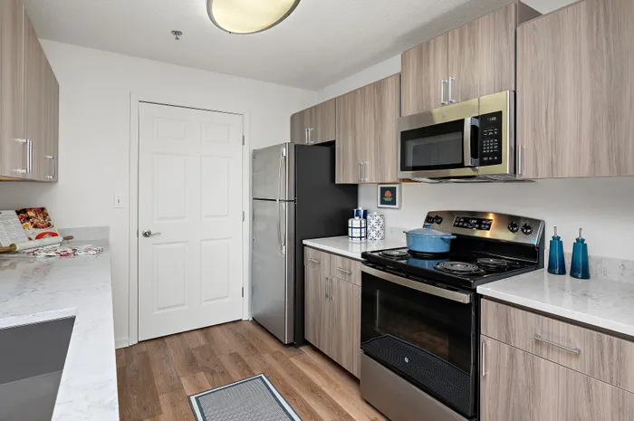 Contemporary kitchen with sleek stainless steel appliances, elegant wood cabinetry, and pristine white countertops.