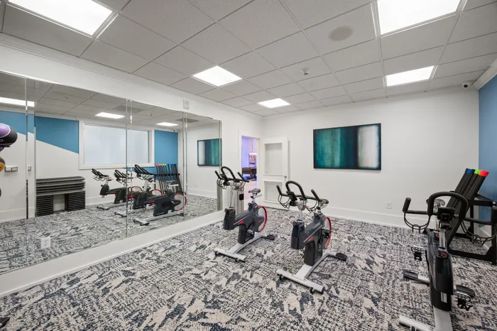 Bright, modern indoor gym with mirrored wall and stationary bikes, perfect for a refreshing workout.