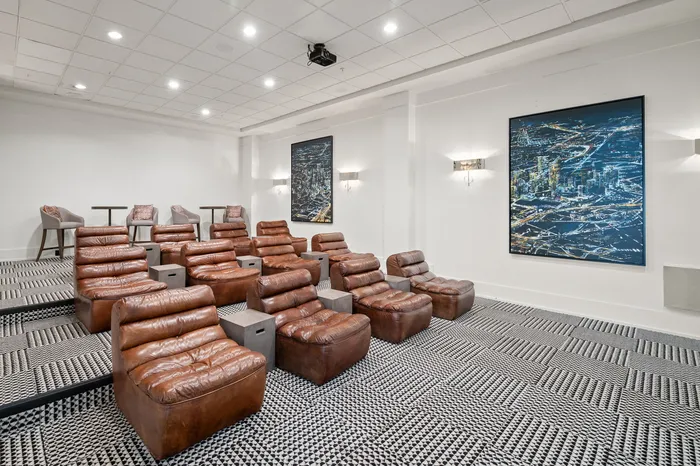 Luxurious home theater with plush leather seating, elegant wall art, and a sophisticated ambiance.