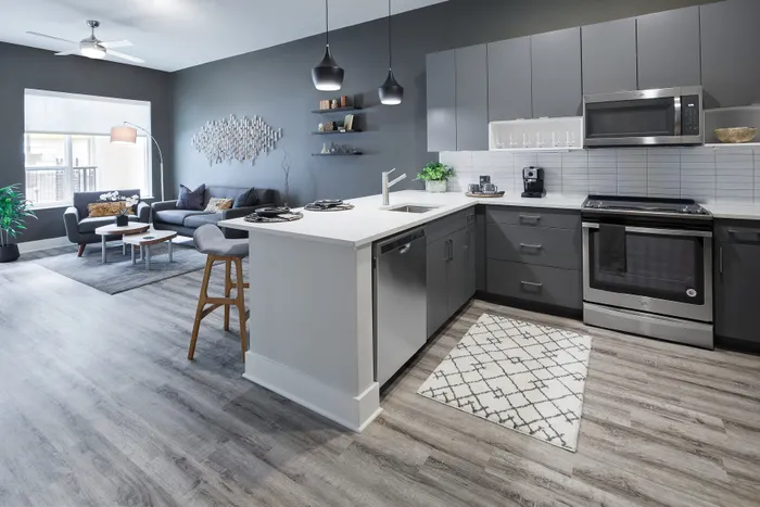 Modern open-plan living space with sleek kitchen, stylish gray cabinets, and cozy living room featuring contemporary decor.