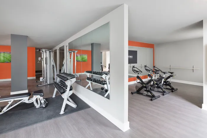 Modern fitness center with state-of-the-art equipment, featuring free weights, spin bikes, and a sleek mirrored wall, perfect for a dynamic workout experience.