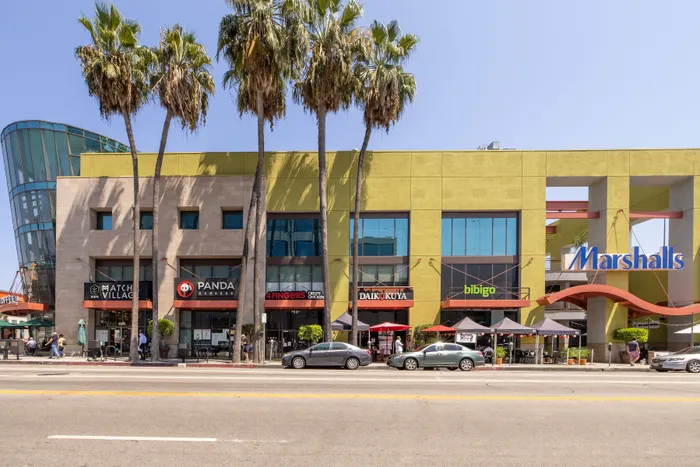 Vibrant retail and dining complex with trendy storefronts and palm trees along a sunny street.