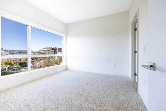 Bright and spacious empty room with large windows offering stunning city views and lush carpeted flooring.