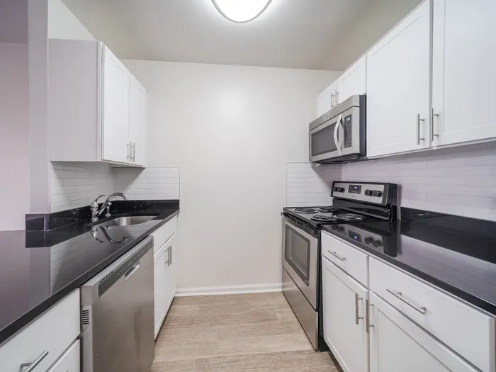Sleek modern kitchen with elegant white cabinetry, stainless steel appliances, and glossy black countertops.