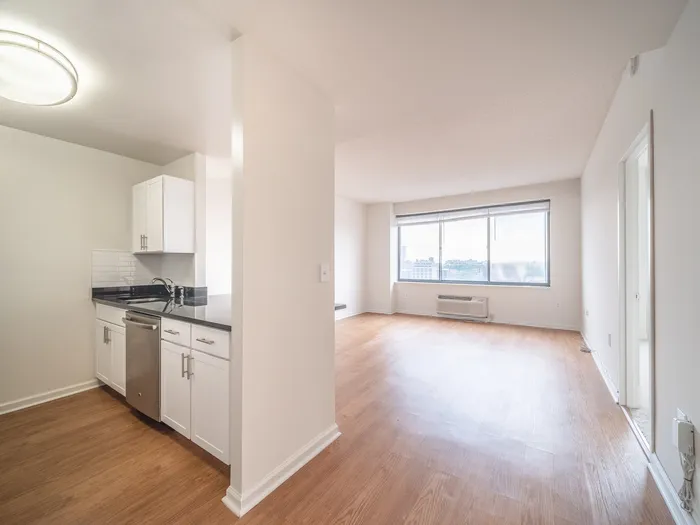 Bright and inviting open-plan apartment with modern kitchen, sleek countertops, and sunlit living room featuring expansive city views.