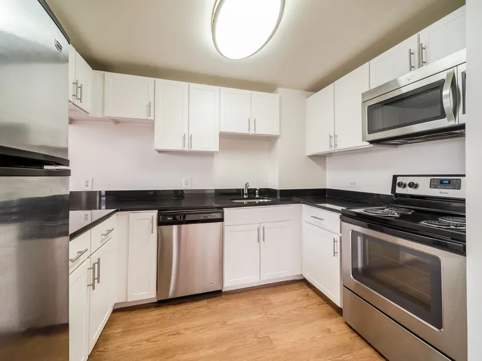 Modern kitchen with sleek stainless steel appliances, elegant white cabinetry, and stylish black countertops.