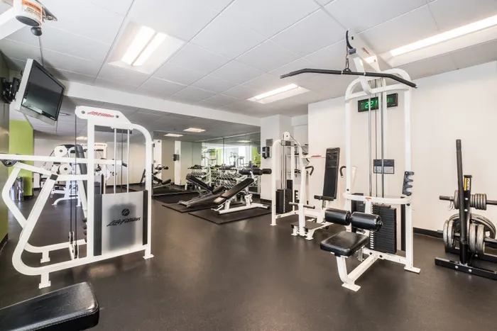 Hoboken, NJ, Pet-Friendly Luxury Apartments - 77 Park Avenue - A Bright, Professional Gym With Various White Life Fitness Strength Machines, Weight Benches, And Floor-To-Ceiling Mirrors.