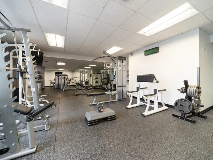 Modern fitness center with state-of-the-art equipment, including weights and cardio machines, set in a spacious, well-lit gym environment.