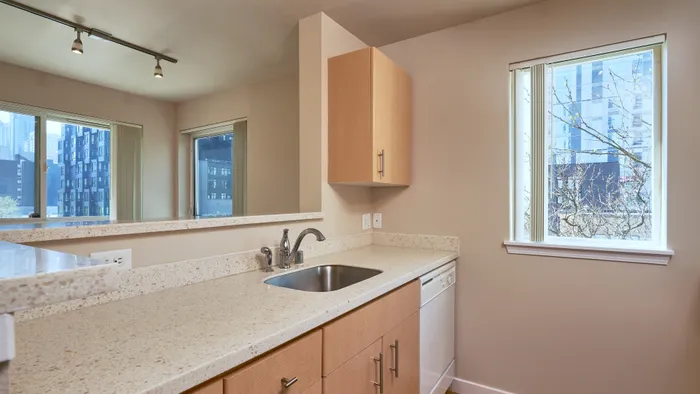 Bright and modern kitchen with sleek countertops, elegant cabinetry, and large windows offering a cityscape view.