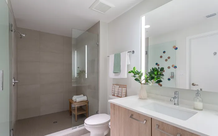 Elegant and modern bathroom featuring a spacious walk-in shower, sleek vanity with ample lighting, and stylish decor.