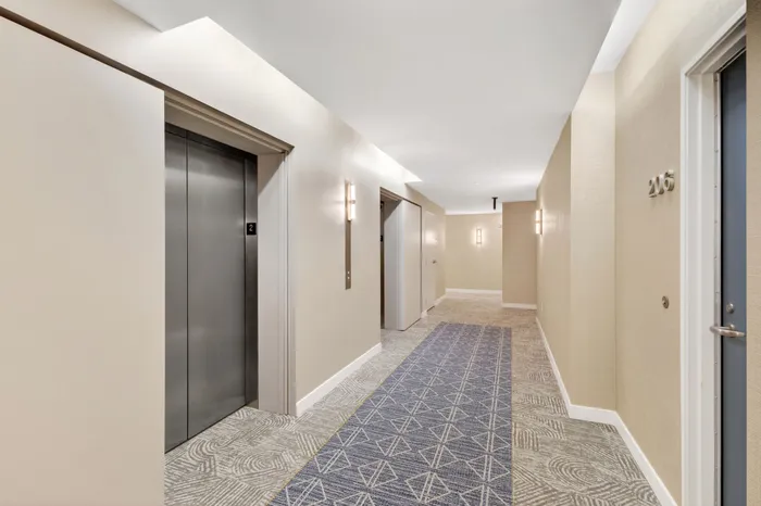 Elegant apartment hallway with contemporary lighting, sleek elevator, and stylish carpeting, leading to apartment 205.