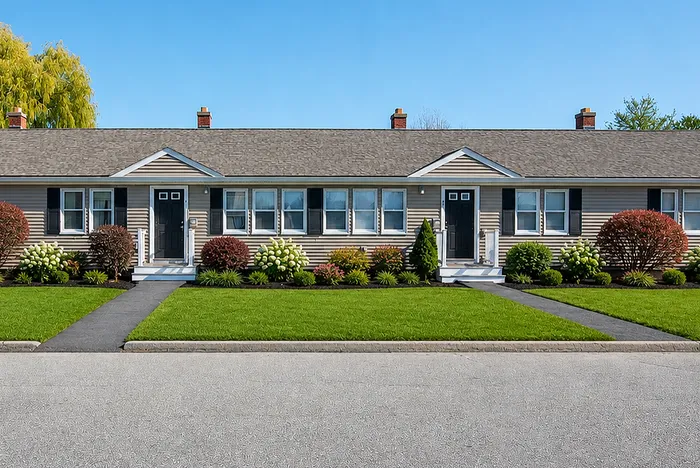 Charming ranch-style home with elegant landscaping and inviting front entry.