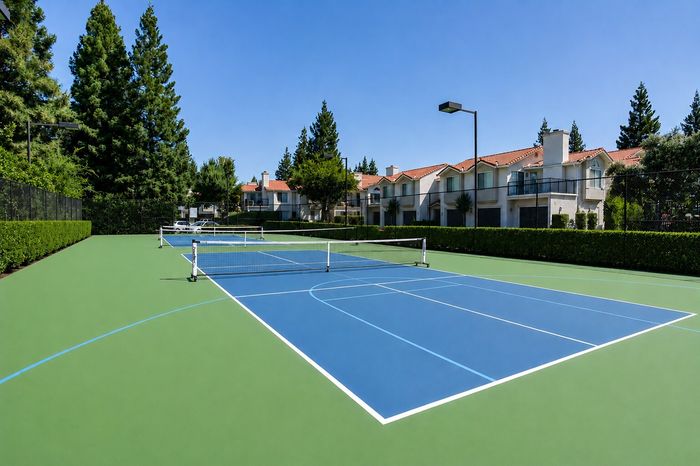 Beautifully maintained tennis court surrounded by lush greenery and modern townhouses, perfect for an active lifestyle in a serene community.