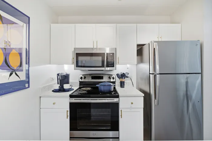 Modern kitchen with stainless steel appliances, sleek white cabinetry, and stylish decor.