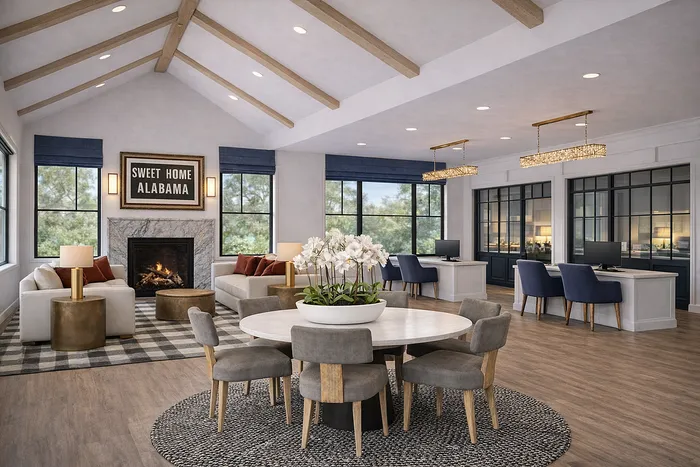 Elegant living space with vaulted ceilings, a cozy fireplace, and chic seating areas complemented by modern decor and ample natural light.